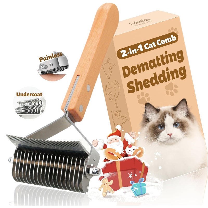 FelineFun Cat Brush for Dematting & Deshedding, 2 in 1 Undercoat Rake, Efficiently Remove Loose Hair & Matted Fur, Professional Shedding Comb for Indoor Cats & Long Haired Cats - Image 1